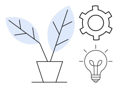 Büyümeyi sembolize eden saksı bitkisi, süreç veya üretkenlik için teçhizat, ve fikirler veya yaratıcılık için ampul. Sürdürülebilirlik, yenilik, büyüme, üretkenlik, çevre dostu girişimler için ideal
