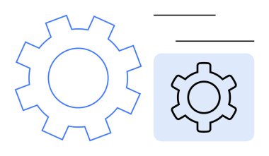 Metin satırlarıyla gösterilmiş kalın bir dişli simgesinin yanında vites ana hatları. Teknoloji, ayarlar, araçlar, otomasyon, optimizasyon, geliştirme, basit iniş sayfası için ideal