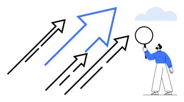 Yukarı bakan oklar gelişimi ve başarıyı simgeler bir insan ise iyimserliği temsil eden bir balonu tutar. İlerleme, iş büyümesi, motivasyon, strateji, başarı, hedef belirleme için ideal