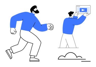 İki kişi, biri koşuyor, diğeri de video oynatıcı arayüzü tutuyor. Takım çalışması, eylem, fikirler, dijital medya, üretkenlik, çevrimiçi öğrenme, basit iniş sayfası için ideal