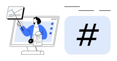 Kadın ekranda meta veri etiketi elementi ile analitik sunum yapıyor. Pazarlama, sosyal medya stratejisi, içerik oluşturma, markalaşma, çevrimiçi öğrenme, veri analizi, basit iniş sayfası için ideal