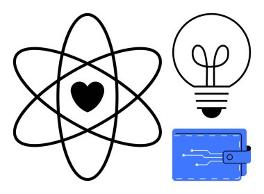 Kalp merkezli atomik yapı, parlayan ampul ve dijital cüzdan. Bilim, yenilik, teknoloji, enerji, finans yaratıcılığı ve bağlantı kavramları için idealdir. Düz basit metafor