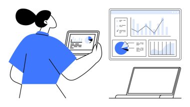 Kadın ekrandaki görsel grafiklerle uğraşırken tabletteki analizleri inceliyor. Veri analizi, iş stratejisi, uzaktan çalışma, takım çalışması, dijital dönüşüm, eğitim, basit iniş için ideal