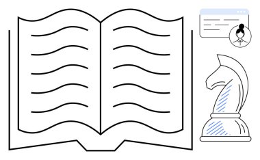 Profil penceresinin yanında metin satırları ve stratejiyi, eğitimi ve kendini geliştirmeyi vurgulayan şövalye satranç taşının olduğu açık bir kitap. Öğrenme, büyüme, analitik, araştırma, planlama ve kişisel için ideal