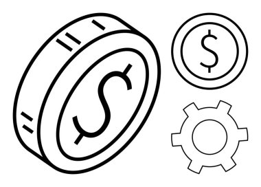 Bozuk para ve teçhizatın yanında dolar işareti de var. Finans, iş stratejisi, ekonomik büyüme, ticaret, yatırım, tasarruf, basit iniş sayfası için ideal