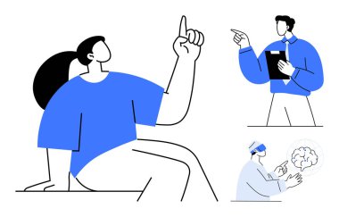 Fikir belirten kadın, pano gösteren erkek profesyonel, beyin fonksiyonlarını araştıran VR kulaklık kullanan bilim adamı. Takım çalışması, tartışma, yaratıcılık, yenilik ve beyin fırtınası için ideal