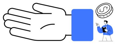 Vermeyi ya da almayı vurgulayan geniş bir el, parayı sembolize eden para, işadamı işaret ediyor. Finans, bağış, iş çözümleri, müzakere, yatırım, yardım ticareti için ideal