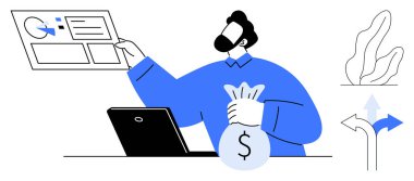 Adam para çantası bilgisayarını masada tutarken ekrandaki verileri inceliyor. Finans, yatırım, ekonomi, veri analizi, karar verme, iş stratejisi, basit iniş sayfası için ideal