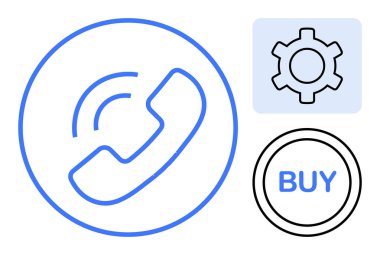 İletişim için telefon simgesi, ayarlar için teçhizat ve Satın Alma düğmesi. Müşteri desteği, çevrimiçi alışveriş, teknik çözümler, bilişim hizmetleri, mobil uygulamalar, basit iş araçları için ideal