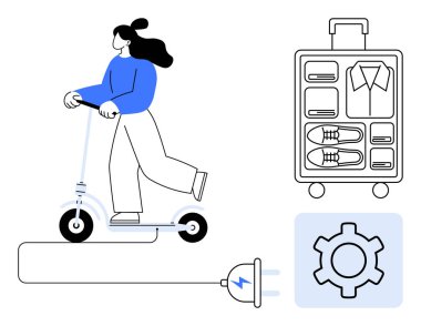Mobilete binen kadın, kompartımanlı bavul, fiş, vites simgesi. Çevre yolculuğu, kentsel hareketlilik, paketleme, verimlilik, sürdürülebilirlik planlama için ideal basit iniş sayfası