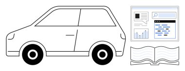 Kompakt araba çizimi, çizelgeler ve arama elemanları ile dijital arayüz, açık kitap. Eğitim, veri, yenilik, araştırma, ulaşım, teknoloji için ideal basit iniş sayfası