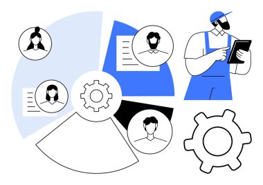 Tabletle çalışan bir işçi. Profilleri, görevleri ve belgeleri olan bir tablet. Takım çalışması, iş akışı, işbirliği, proje yönetimi, HR iletişim verimliliği için ideal. Düz basit metafor