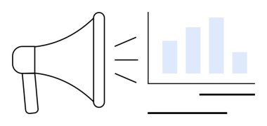 Bir bar tablosuna doğru megafon yansıtma sesi veri analizini, pazarlamayı ve sosyal yardımı temsil ediyor. Promosyon, analitik, reklam, stratejik planlama, iş büyümesi, iletişim için ideal