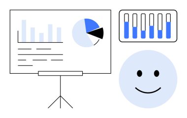 Grafikler, pasta grafiği ve beyaz tahtada ve ekranda gülümseyen yüz. Analiz, geri bildirim, veri görselleştirme, ilerleme izleme, işbirliği, sunumlar için idealdir basit iniş sayfası