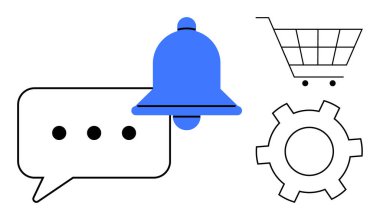 Konuşma baloncuğunun üstündeki mavi çan, alışveriş arabası ve vites özeti. İleti uygulaması, bildirim sistemi, ayarlar arayüzü, çevrimiçi alışveriş, kullanıcı etkileşimi, web sitesi ögeleri için ideal
