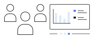 Üç kişilik bir grup ve bar tablosu ve veri içgörülerini gösteren bir ekran. Takım çalışması, analitik, işbirliği, iş, sunum, eğitim, veri güdümlü strateji, basit iniş sayfası için ideal