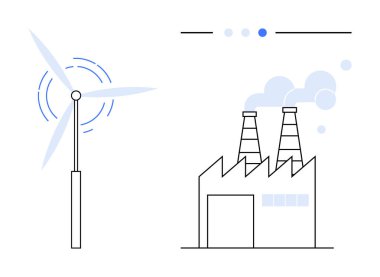 Rüzgar türbini, yenilenebilir enerji ve endüstriyel etkiyi gösteren duman yayan bir fabrikanın yanında temiz enerji üretiyor. Sürdürülebilirlik, çevre, enerji verimliliği ve sanayileşme için ideal