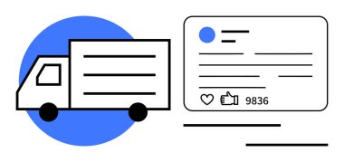 Sosyal medya paylaşımının yanında baş parmakları, kalpleri ve kullanıcıların ilgisini gösteren yorumları olan bir teslimat kamyonu. E-ticaret, dağıtım, dijital iş, sosyal medya, pazarlama, lojistik için ideal