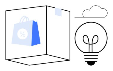 Bir kutunun içinde alışveriş torbası, parlayan ampul ve fikirleri, e-ticareti ve teknolojiyi simgeleyen bulut hattı. Yenilik, dağıtım, perakende, pazarlama işi planlama yaratıcılığı için idealdir.