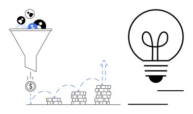 Huni kullanıcı profilleri topluyor, madeni paralar düşüyor ve büyüyen yığınlara istifleniyor, ve ampul yeniliği simgeliyor. Pazarlama, analitik, büyüme, yenilik, strateji ve gelir girişimleri için ideal