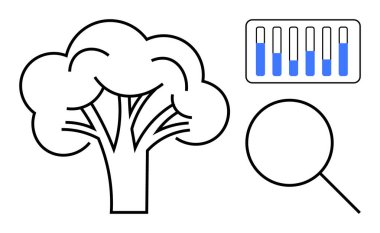 Ağaç simgesi, büyüteç ve bar tablosu doğayı, bilimsel araştırmayı, iklim çalışmasını, sürdürülebilirliği, çevre korumasını ve veri analizini vurguluyor. Ekonomi için ideal