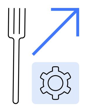 Çatal, yukarı doğru çapraz ok, yumuşak mavi bölgede dişli simgesi. Büyüme, ilerleme, yenilik, ayarlar, geliştirme, basit iniş sayfası için ideal
