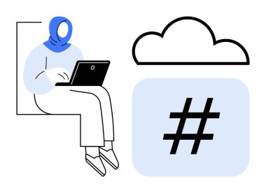 Kara dizüstü bilgisayar kullanan tesettürlü kadın, bulut ve meta veri etiketi çevrimiçi eğilimleri, bulut hesaplamasını ve bağlantıyı sembolize ediyor. Teknoloji, uzaktan çalışma, sosyal medya, çeşitlilik ve verimlilik için ideal