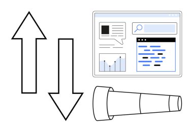 Yukarı ve aşağı doğru oklar, bir teleskop ve veri çizelgeleri ve arama çubuğu olan bir tarayıcı penceresi. Analiz, piyasa eğilimleri, araştırma, strateji, SEO, basit iniş sayfası tahmini için ideal