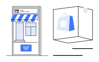 Alışveriş arabasının düğmesi ve çizgili tenteleriyle seyyar mağaza vitrininde bir teslimat paketi var. E-ticaret, dağıtım, mobil uygulamalar, perakende, çevrimiçi mağazalar, indirimler, satışlar için ideal