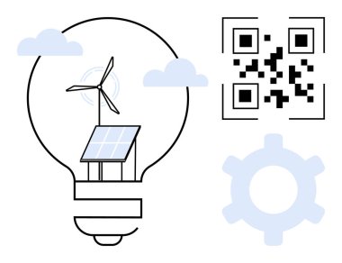 Güneş paneli, rüzgar türbini, QR kodu, dişli ve bulutlu ampul, yeniliği simgeliyor, çevre dostu çözümler, temiz teknoloji. Sürdürülebilirlik için ideal yeşil enerji yenilenebilir kaynak