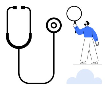 Elinde büyüteç tutan bir adamın yanında kalın çizgileri olan steteskop, basitleştirilmiş mavi ve beyaz arka plan. Sağlık, tanı, yenilik, araştırma, analiz, eğitim ve basit iniş için ideal