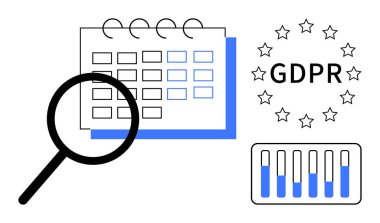 Takvim üzerinde büyüteç, yıldızlı GDPR kartı ve veri çubuğu çizelgesi. Veri koruması, uyum, proje yönetimi, gizlilik politikaları, süreler, düzenleme sade iniş için ideal
