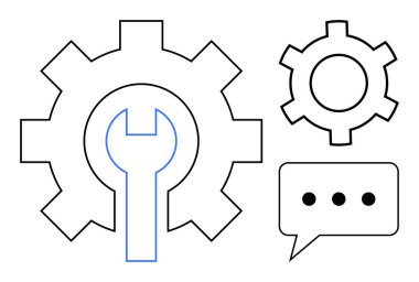 Vites ayarı, anahtar simgesi ve noktalı konuşma balonu. Takım çalışması, onarım, teknik destek, mühendislik, yenilikçi bakım beyin fırtınası için ideal. Basit bir iniş sayfası için mükemmel.