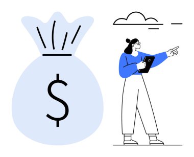 Tablet tutan ve büyük para çantasına el kol hareketi yapan bir kadın. Finans, yatırım, iş stratejisi, başarı, büyüme, tasarruf, bankacılık temaları, basit iniş sayfası