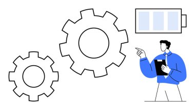 Enerji verimliliği, iş akışı ve verimliliği analiz etmek için büyük vites ve pil ikonlarının profesyonelce incelenmesi. Mühendislik, enerji yönetimi, yenilik, teknoloji, süreç optimizasyonu için ideal