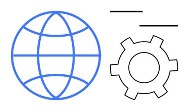 Teknoloji ve mühendislik teçhizatının yanında küresel bağlantıyı temsil eden mavi bir küre. Yenilik için ideal, çevrimiçi ağ, küresel erişim, endüstri, sistemler, bütünleşme, basit iniş sayfası