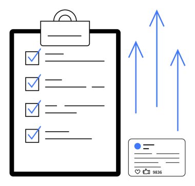 Panoda mavi işaretli kontrol listesi, ilerlemeyi temsil eden yukarı doğru oklar, sosyal medya etkileşim kartı. Üretkenlik, başarı, organizasyon, büyüme, dijital strateji, basit hedefler için ideal
