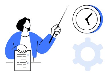 İşaretleyici, analog saat ve teçhizatlı profesyonel kontrol listesi. Zaman yönetimi, iş akışı, planlama, üretkenlik, organizasyon, düz metafor zamanlaması için ideal