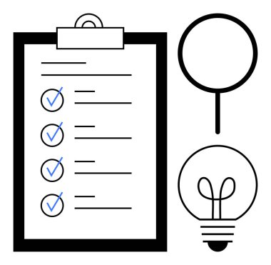 İşaretli görevlerin, büyüteçlerin ve fikirleri, organizasyonu ve üretkenliği temsil eden ampullerin yer aldığı bir pano. Planlama, yaratıcılık, iş akışı, araştırma yeniliği için ideal