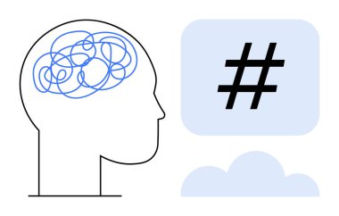 Beyinde karmaşık çizgileri olan insan kafası mavi bir konuşma baloncuğunun içinde meta veriye bakıyor zihinsel odaklanmayı, düşünceleri, dijital etkileşimi sembolize ediyor. Strateji, yaratıcılık ve iletişim için ideal