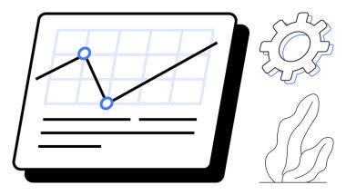 Büyüme çizgisi, şebeke arka planı, dişli simgesi ve soyut bitki tasarımı olan veri tablosu. Performans takibi, analitik, iş geliştirme, strateji, teknoloji büyümesi için ideal basit iniş sayfası
