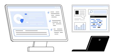 Analiz, grafik ve raporları gösteren bir masaüstü bilgisayarı ve çizelgeli bir ekran daha. Üretkenlik, veri analizi, araştırma, uzaktan çalışma, ofis, teknoloji için ideal