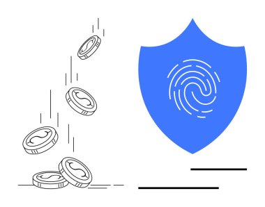 Kalkan olarak düşen paralar siber güvenlik, mahremiyet ve finansal korumayı gösteriyor. Finans, güvenlik, tasarruf, veri güvenliği, fintech, sigorta zenginlik yönetimi dairesi için ideal