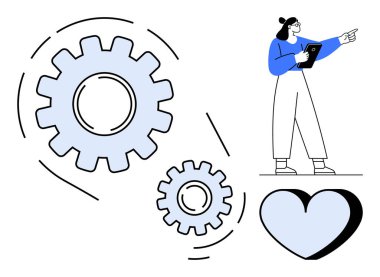 Elinde bir pano, hareket halindeki iki vites, tutkuyu sembolize eden bir kalp. Takım çalışması, yenilik, işbirliği, liderlik, iş stratejisi, yaratıcılık için ideal basit iniş sayfası