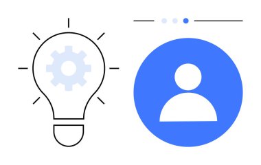 İçinde teçhizat olan ampul, çemberin içindeki bir kullanıcı simgesinin yanında yeniliği sembolize eder, kişiselleştirmeyi önerir. Yaratıcılık, teknoloji, problem çözme, geliştirme, kullanıcı arayüzü, takım çalışması için ideal