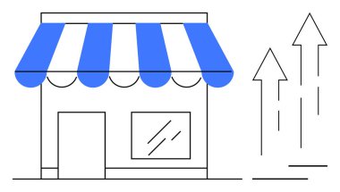 Mavi tenteli ve penceresi yükselen oklarla donatılmış bir mağaza. Ticari büyüme, girişimcilik, perakende satış, e-ticaret, başarı, ekonomik trendler, düz bir metafor için ideal
