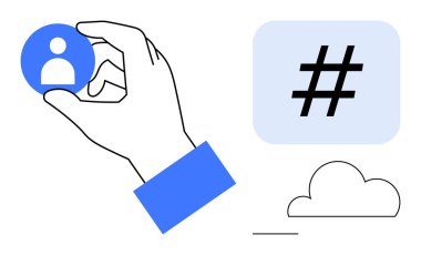 El ele tutuşan profil simgesi, mavi kareli üstveri etiketi, minimum bulut şekli. Sosyal medya, kullanıcı ağı, dijital profiller, iletişim, bulut depolama, analitik basit iniş sayfası için ideal