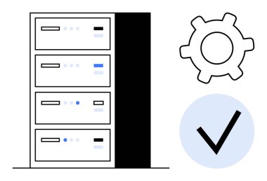Bir vites simgesi ve kontrol işaretli sunucu kulesi sunucu yönetimi, bakım, sistem güvenilirliği ve verimliliği temsil ediyor. IT, sunucu, veri merkezi, bulut hesaplama otomasyonu için ideal