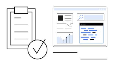 Analizi, grafikleri ve kontrol listelerini gösteren dijital ekran, kontrol işaretli bir panonun yanında. Proje izleme, verimlilik, raporlama, iş genel görünümü, iş akışı, planlama için ideal