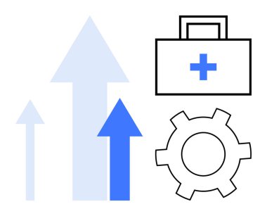 Dikey mavi oklar, çapraz tıbbi teçhizat ve teçhizat büyüme, sağlık hizmetleri yeniliği, takım çalışması, çözümler, iş başarısı, strateji planlaması ve ilerlemeyi temsil ediyor. Basit bir iniş sayfası için ideal